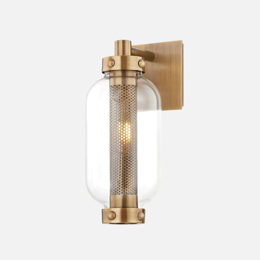 Outdoor Wall Sconce Light Brass Glass Cylinder Wet Rated