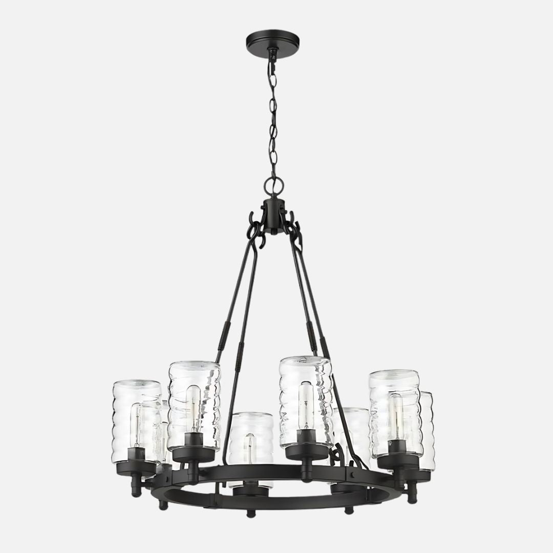 8 Light Outdoor Wagon Wheel Chandelier in Matte Black Glass