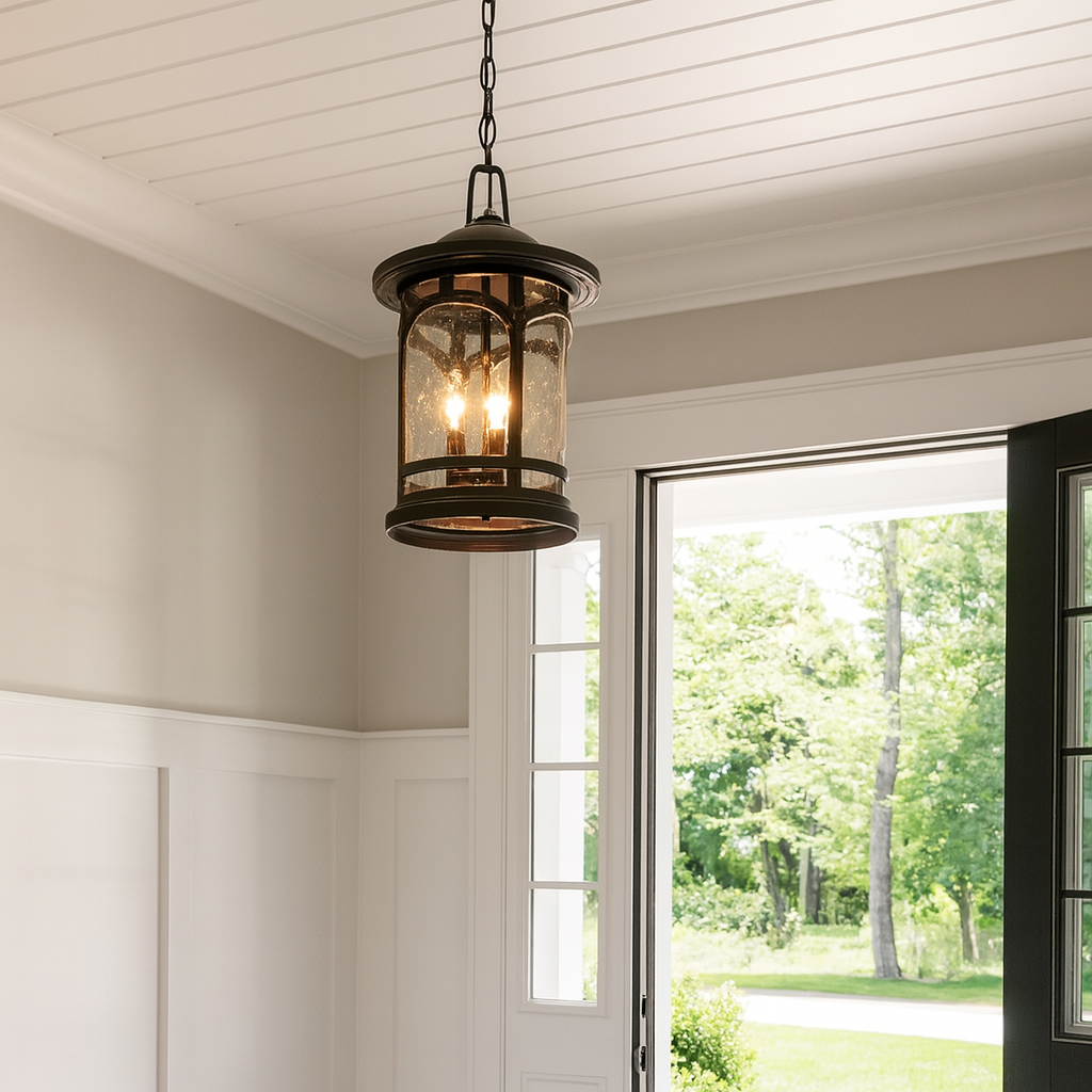 Outdoor Hanging Lantern 18in Bronze Finish Seeded Glass Coastal Armour