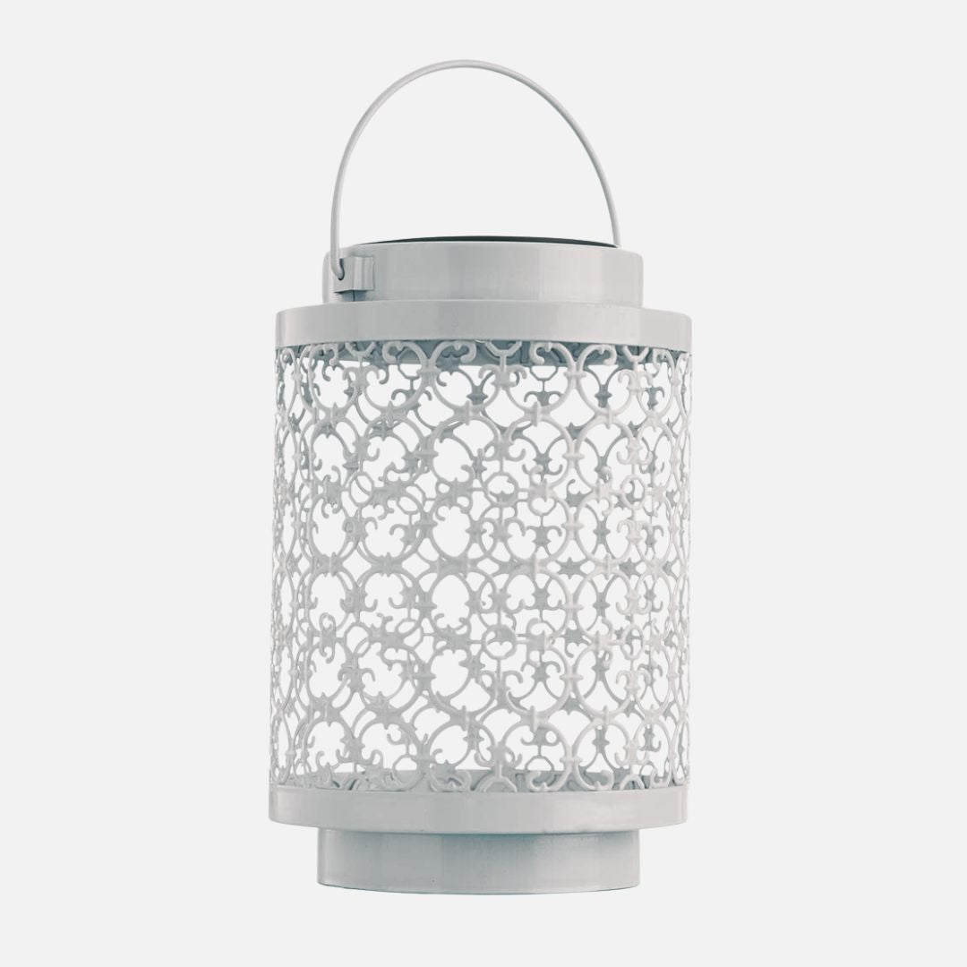 Solar LED Garden Lantern White Metal Oriental Design 7in Outdoor
